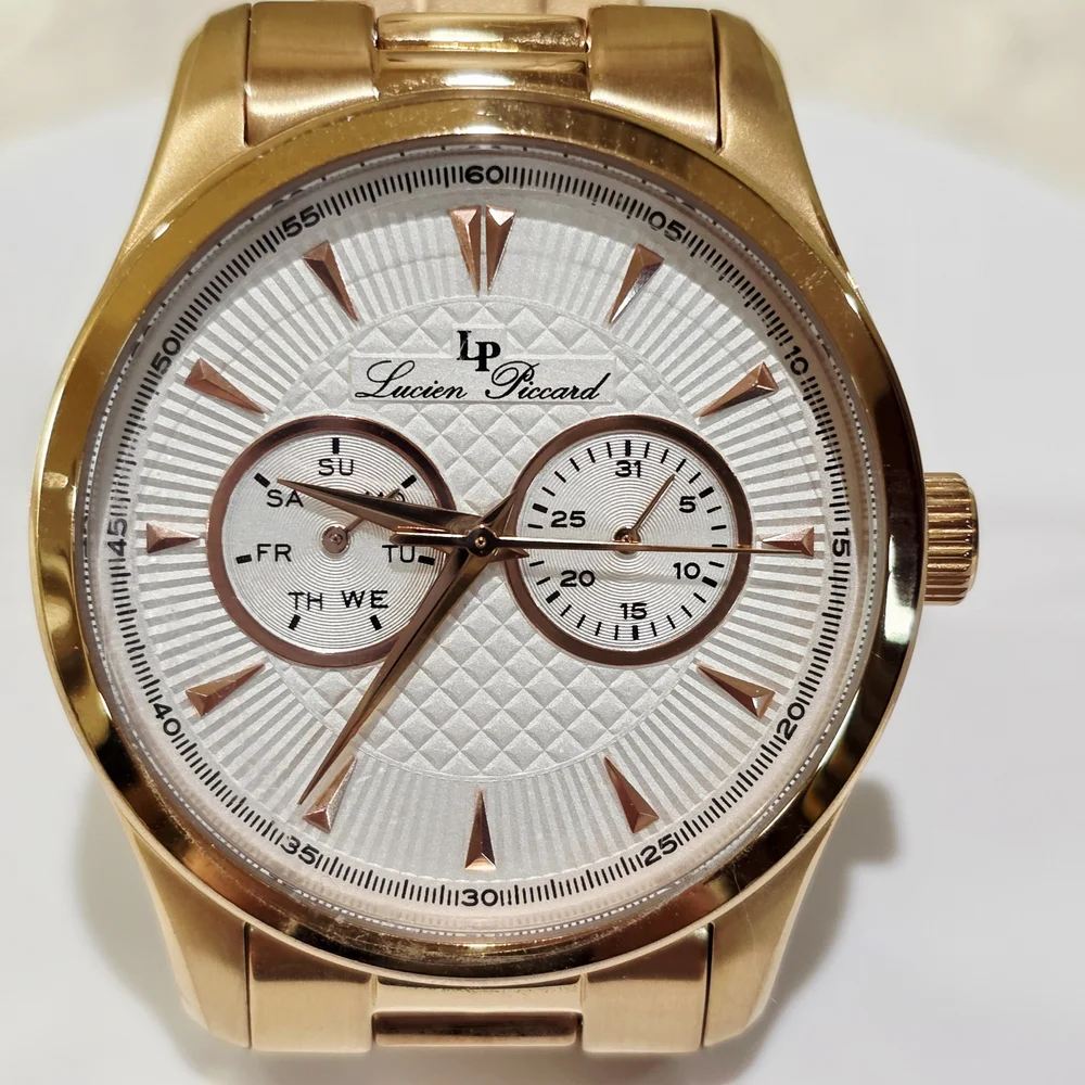 Lucien Piccard STELLAR Men's Wrist Watch Day Date Sub-Dials Rose Gold Pink